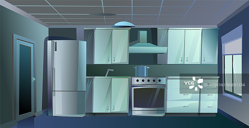厨房内部。做饭和吃饭的房间里有家具。晚上插图。向量图片素材