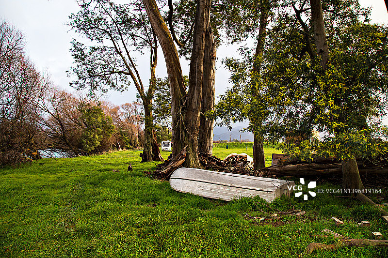 倒置的小船旁边的桉树与大篷车的背景，新西兰图片素材