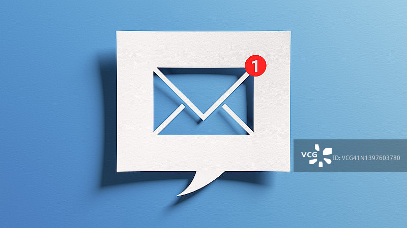 新的电子邮件通知概念，用于商业电子邮件通信和数字营销。收件箱收到电子邮件提醒。抽象的极简设计与剪纸和蓝色背景。图片素材
