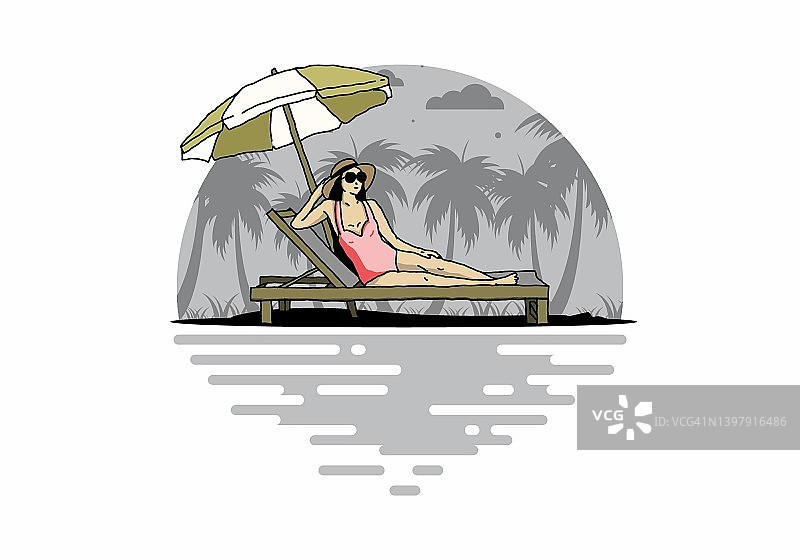 在有雨伞插图的沙滩椅上放松图片素材