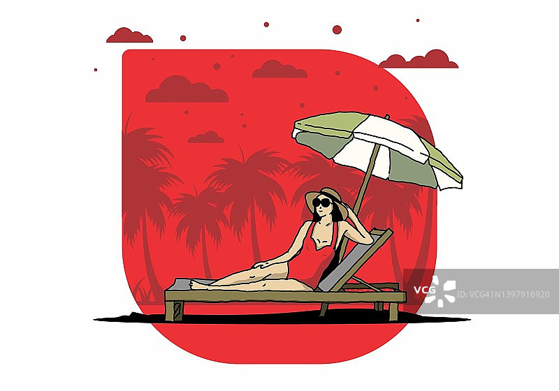 在有雨伞插图的沙滩椅上放松图片素材