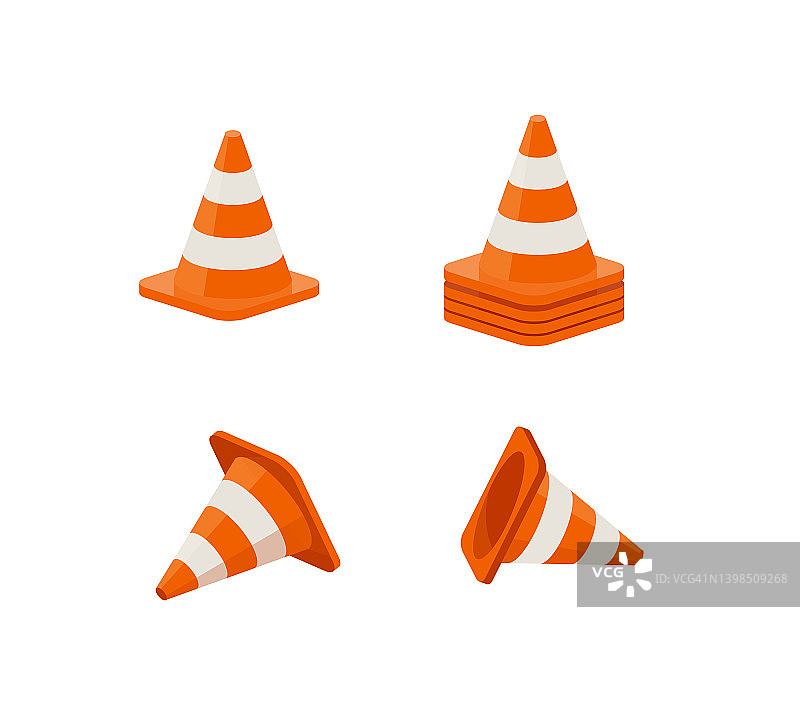 橙色条纹塑料交通锥图标，平面矢量插图孤立。图片素材