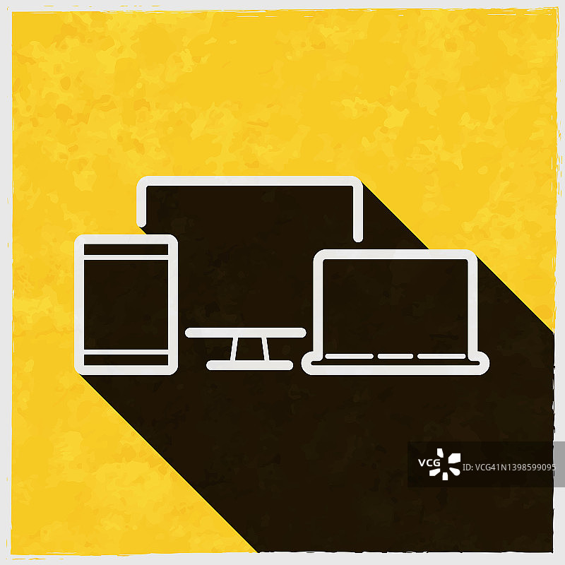 台式电脑、平板电脑、笔记本电脑。图标与长阴影的纹理黄色背景图片素材