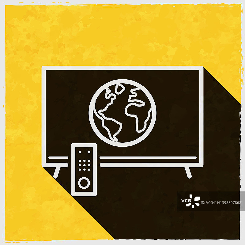 电视与地球。图标与长阴影的纹理黄色背景图片素材
