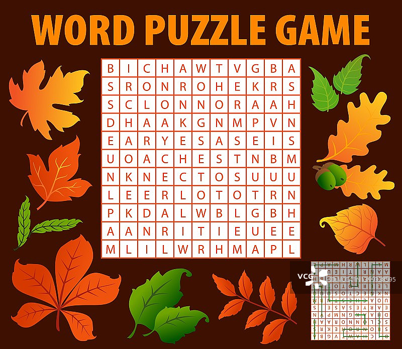 秋天的树叶和橡子字谜搜索游戏图片素材