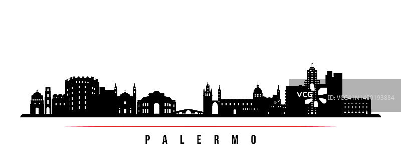 巴勒莫天际线横条幅。意大利巴勒莫的黑白剪影。为您的设计矢量模板。图片素材