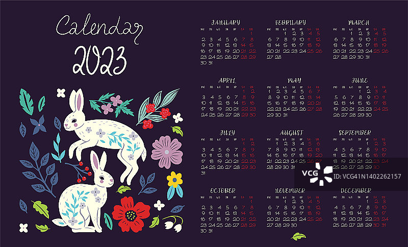 2023年兔年的日历。矢量图形。图片素材