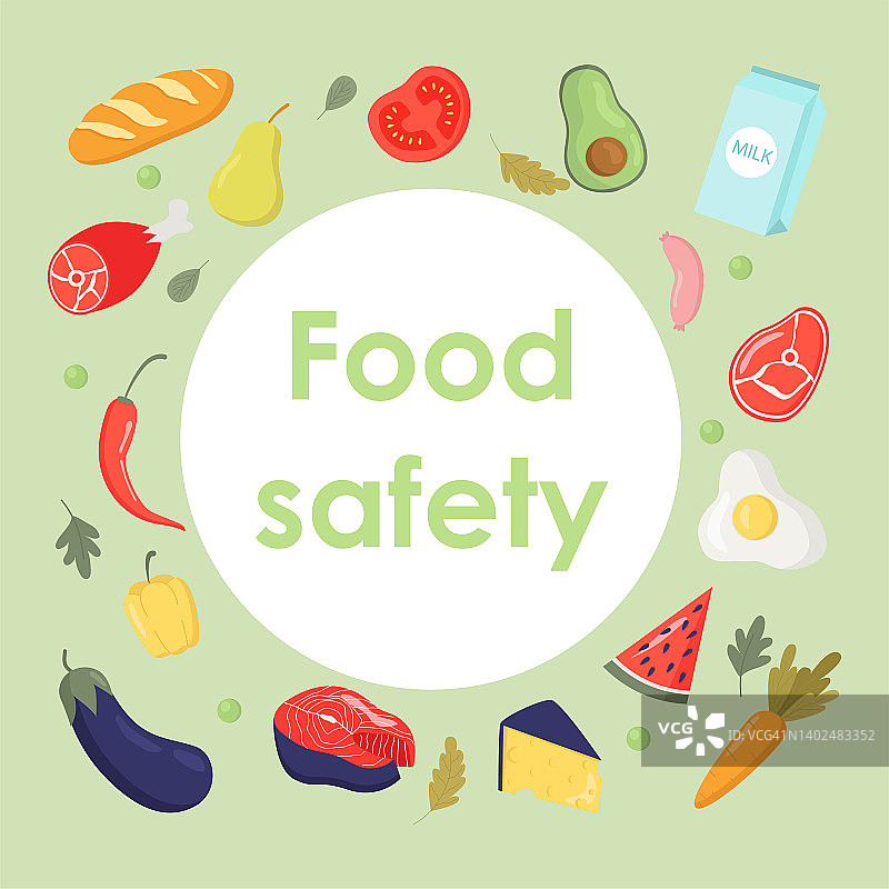 产品种类繁多。健康食品安全平面矢量插图的概念为横幅、网站、登陆页模板、广告和传单图片素材