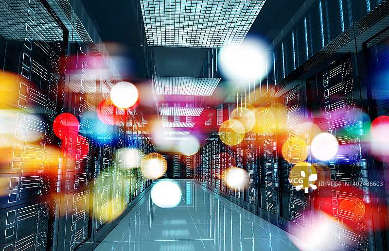 服务器数据中心机房用明亮的散景灯穿过走廊进行3D渲染图片素材