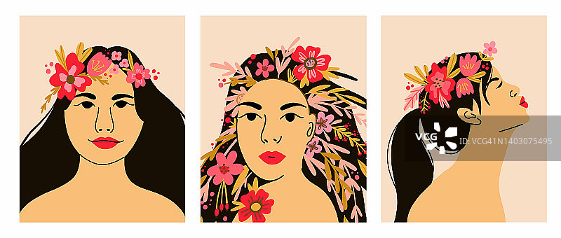 花的女人。黑发女孩肖像用花和叶在头发，春夏装饰，美容时尚印花。母亲节，情人节，3月8日魅力贺卡。矢量图图片素材