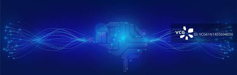 未来的数字人类大脑与电路板元件连接到电波线路。人工智能矢量背景。数字网络技术创新图片素材