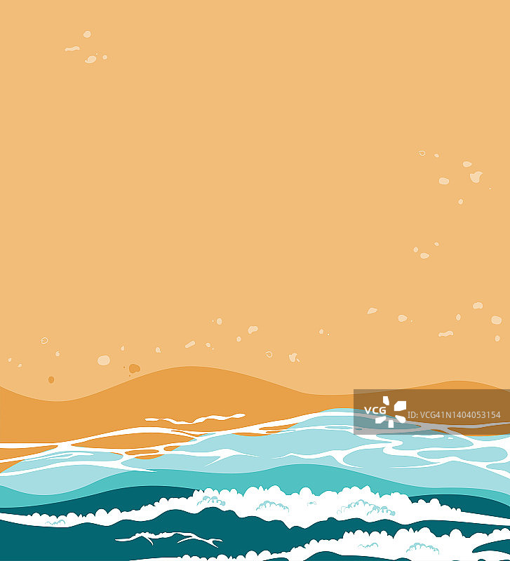 夏季海滩景观与海浪和沙子。泡沫的海浪在沙滩上奔流。手绘背景。矢量插图。图片素材