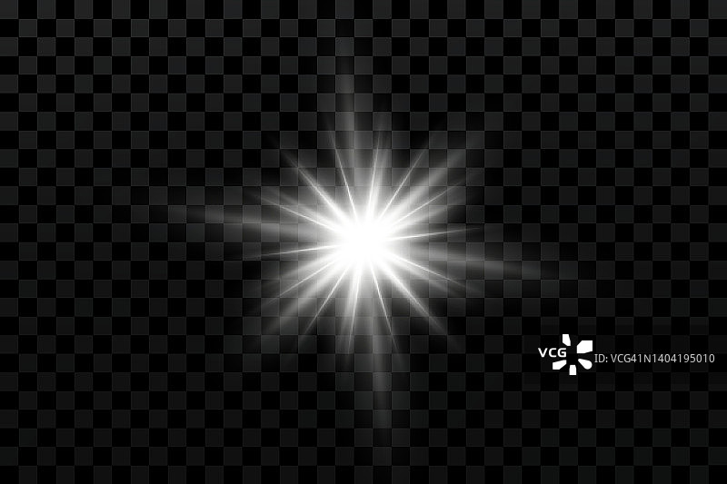 发光效果。星星在透明的背景。明亮的太阳。矢量插图。图片素材