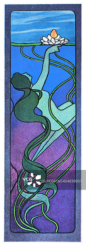 窗彩绘玻璃美人鱼与睡莲新艺术插画1898图片素材