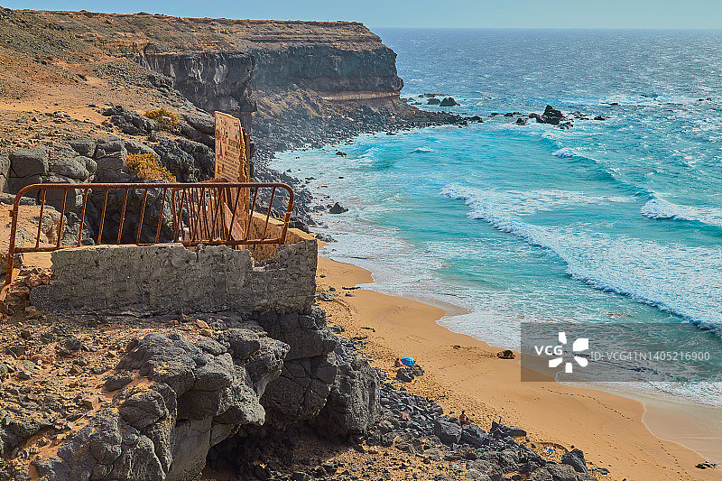 在西班牙加那利群岛富埃特文图拉，令人印象深刻的悬崖和禁止标志景观图片素材