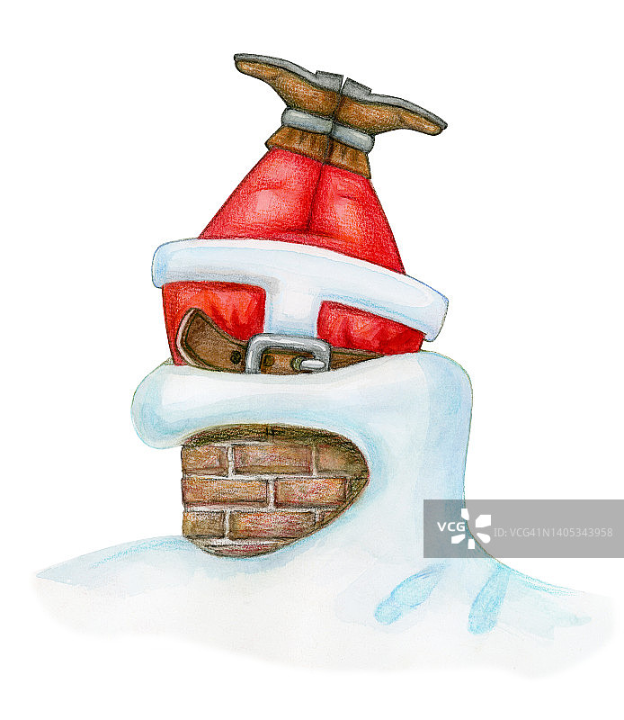 圣诞老人困在烟囱里，孤立在白色上。水彩插图。图片素材