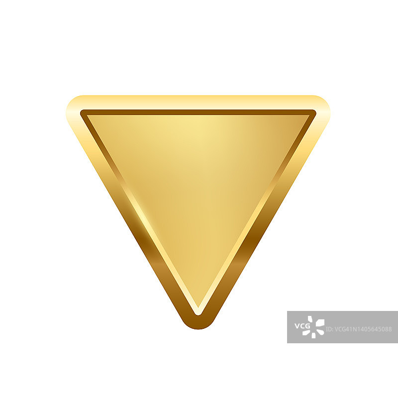 带有框架矢量插图的金三角按钮。三维金色光泽优雅设计，用于空白徽章、奖章或徽章，白色背景上孤立的板有光泽和渐变光效果图片素材