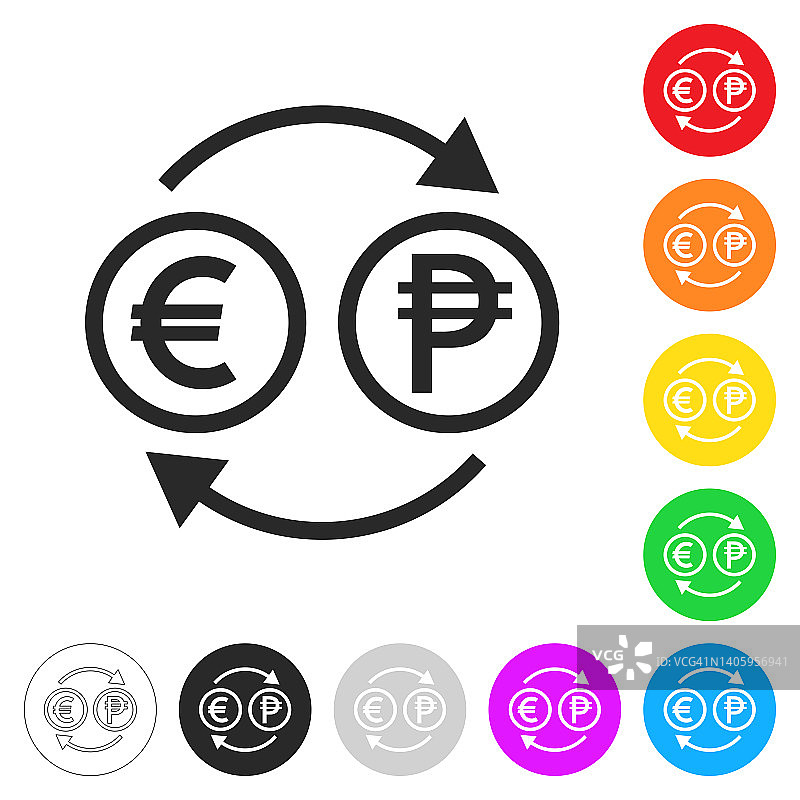 货币兑换-欧元比索。彩色按钮上的图标图片素材
