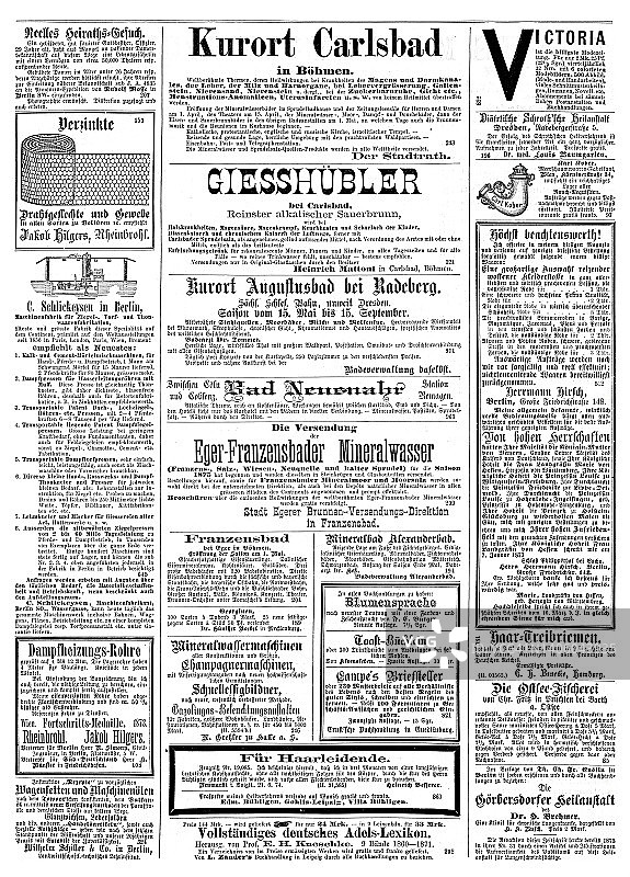 1875年在一家德国杂志上刊登的广告，其中包括卡尔斯巴德温泉的广告图片素材