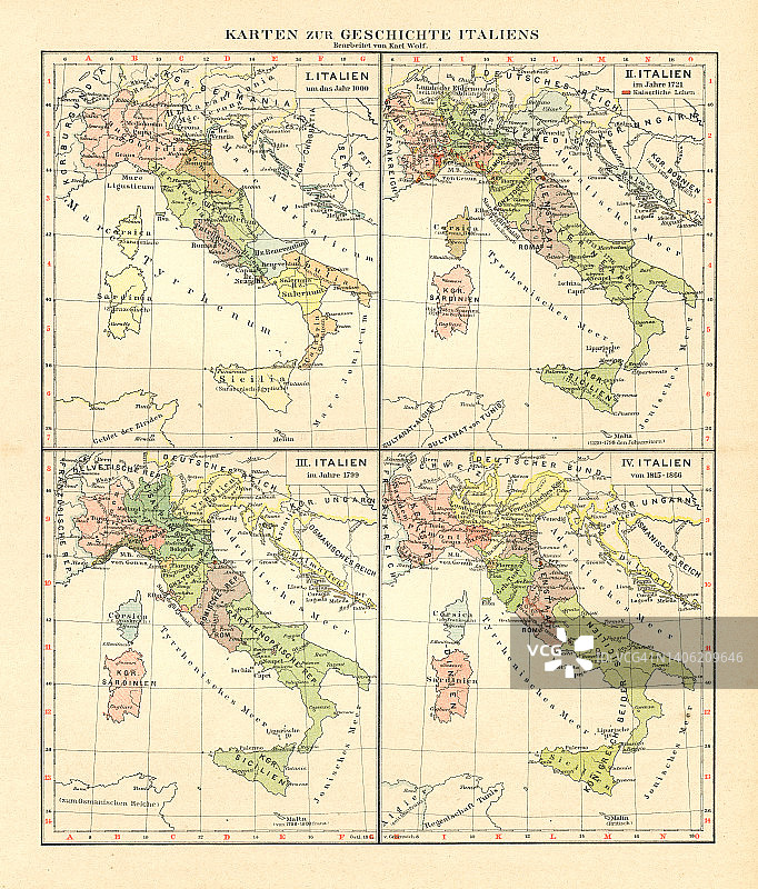 意大利古老的石刻历史地图(1000年，1721,1799年和1815-1866年)图片素材
