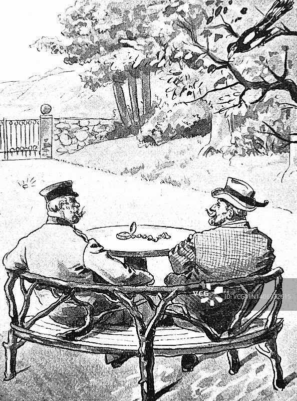 两个男人在花园的圆木凳上聊天，后视镜图片素材