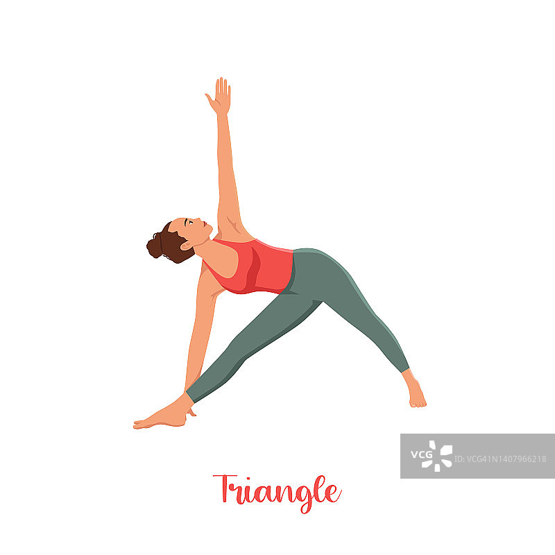 女人做三角瑜伽姿势，三角式，伸展运动，体式有助于缓解压力。平面矢量插图孤立在白色背景上图片素材