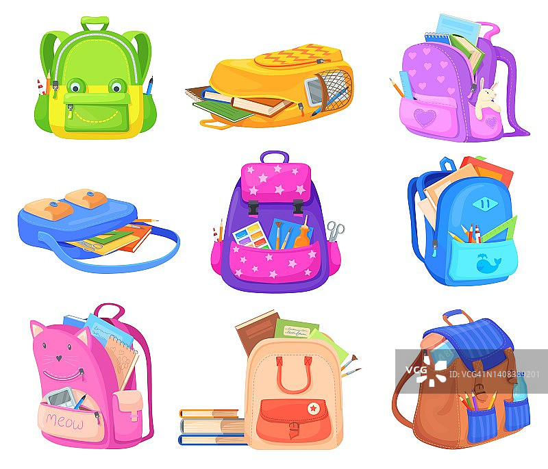 丰富学校的背包。文具开放书包供应文具学生元素，儿童背包儿童背包完整的学习配件设备，整齐的矢量插图图片素材