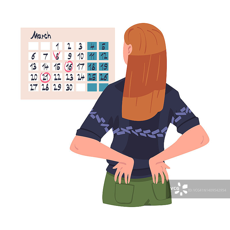 女性角色计划时间和事件与标记日期的日历和管理计划矢量插图图片素材