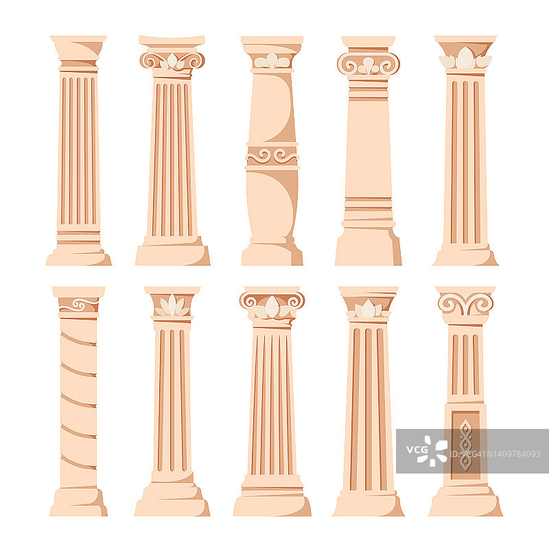 一套古董柱子孤立在白色背景。古罗马或希腊建筑的古代经典石柱图片素材
