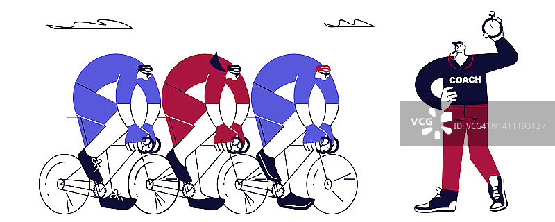 自行车比赛横幅上有男、女自行车手和教练图片素材