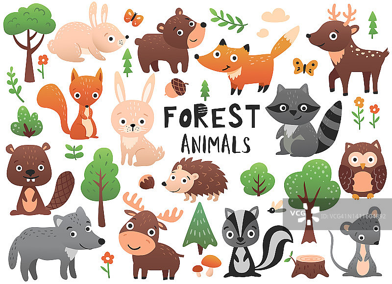 森林动物组。图片素材