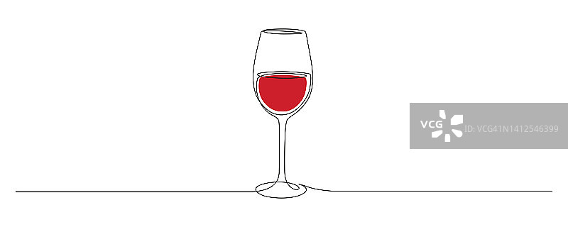 连续画出一杯红酒的线条。极简的节日概念，简单的线性风格庆祝祝酒和欢呼饮料。可编辑的中风。轮廓矢量图图片素材