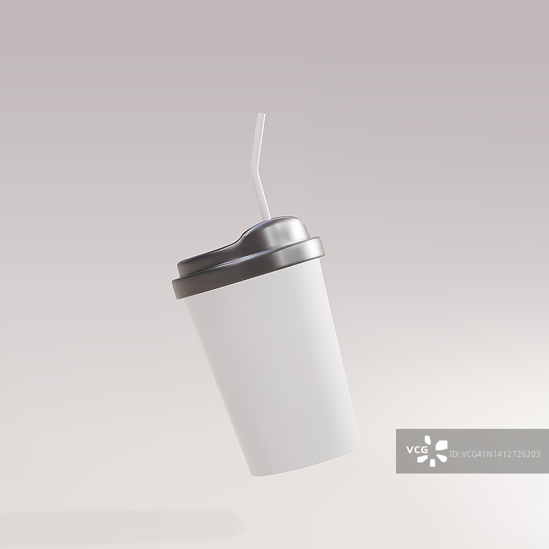 3D白纸咖啡杯与吸管在灰色背景。矢量插图。图片素材