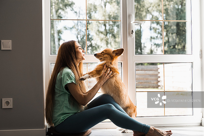 快乐女孩在家里拥抱柯基狗。养宠物的生活方式。年轻女子坐着和威尔士柯基彭布罗克玩耍。图片素材