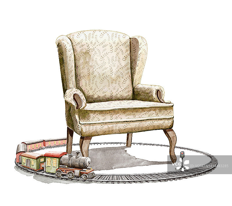 水彩扶手椅与复古铁路与火车玩具图片素材