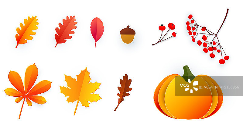 你好,秋天。剪纸风格的秋季元素套装。叶子，浆果，橡子，南瓜。模板设计横幅、海报、广告、明信片、销售。向量图片素材