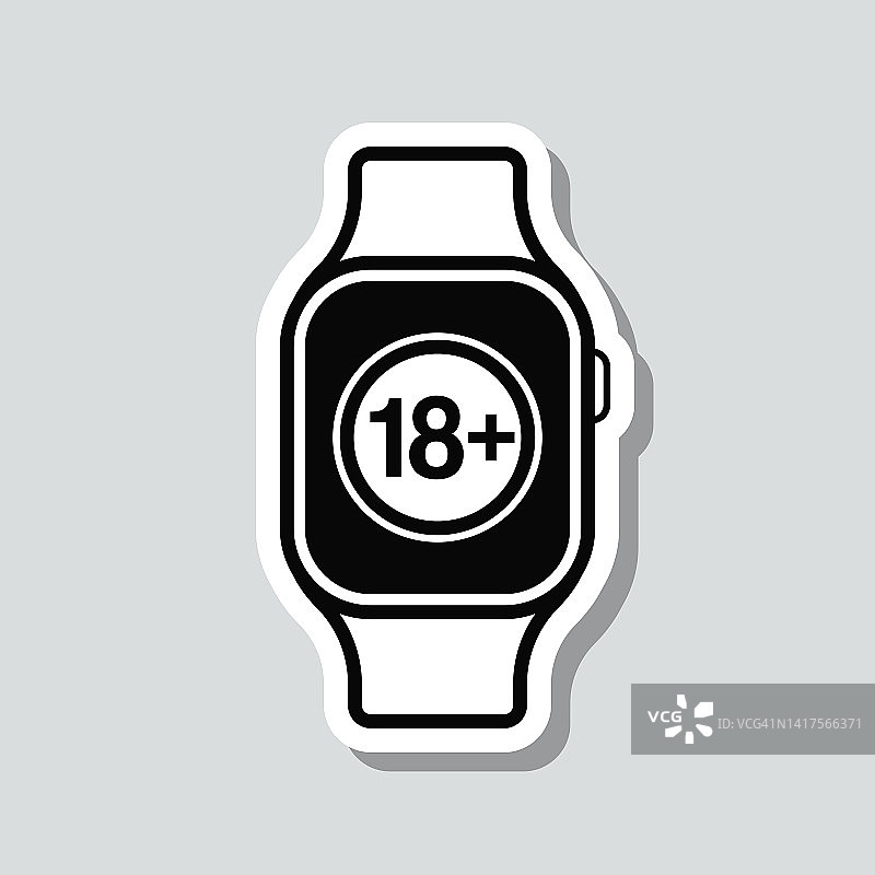 带有18+符号的智能手表(18+)。图标贴纸在灰色背景图片素材