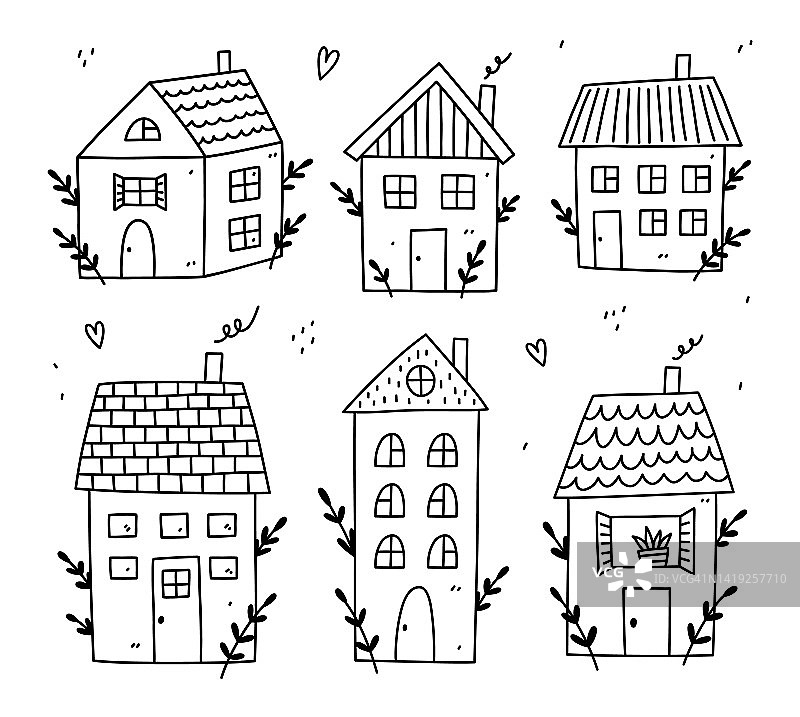 可爱的小房子孤立在白色背景。甜蜜的家。矢量手绘插图在涂鸦风格。完美的装饰，卡片，标志，各种设计。图片素材