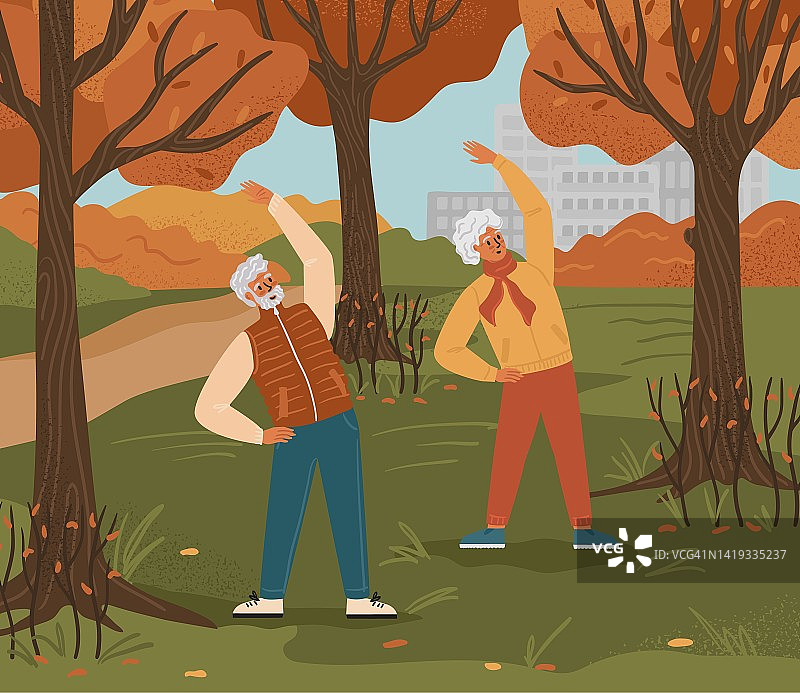 老年夫妇在公园里锻炼身体。健康退休生活概念矢量插图。老年人秋季户外活动图片素材