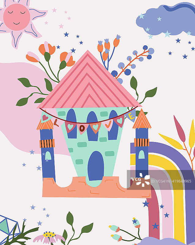 可爱多彩的卡通公主城堡，彩虹，太阳，鲜花和树叶组成。为你设计的童话。矢量图图片素材