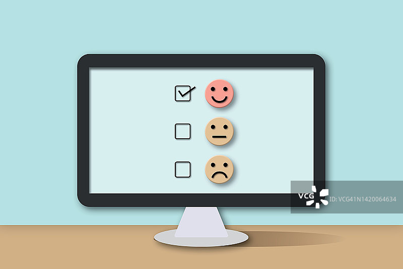 电脑配合客户评价或正面反馈概念评分。选中标记可选择笑脸圆。图片素材