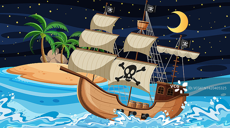 海洋与海盗船夜景卡通风格图片素材