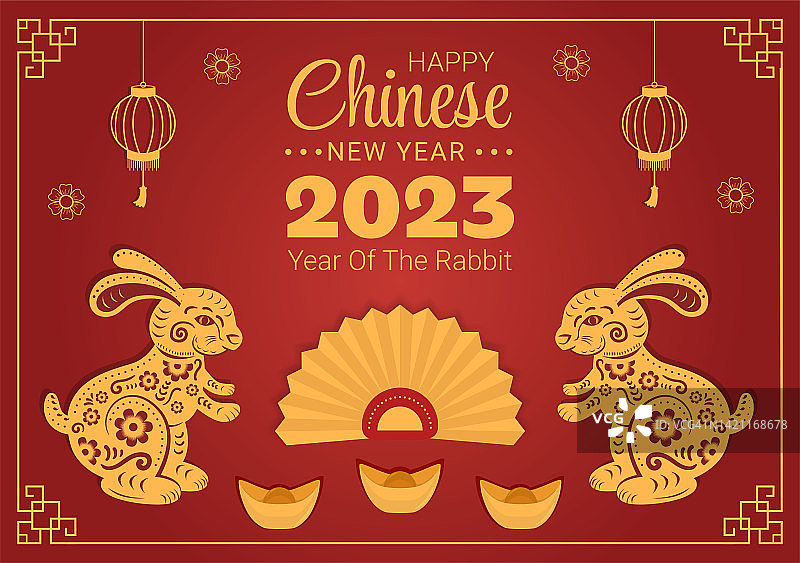 中国农历新年2023天兔生肖标志模板手绘卡通平面插图与花，灯笼和红色的颜色背景图片素材