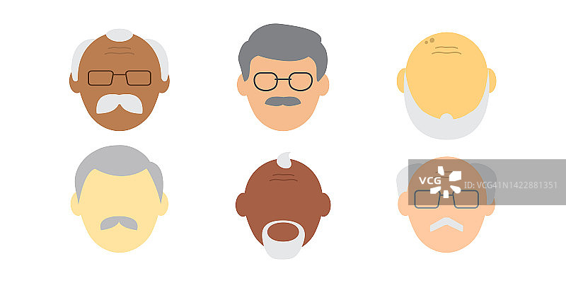 卡通人脸老人矢量图标，化身人物，人物头像，高级人物不同。概要的祖父。眼镜，光头，小胡子和胡须。人类的插图图片素材