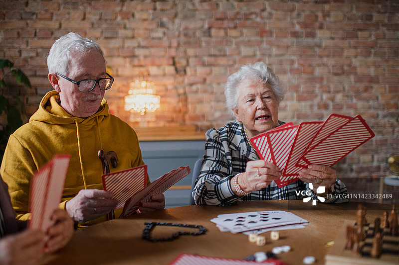 老年人在他们的退休之家打牌图片素材