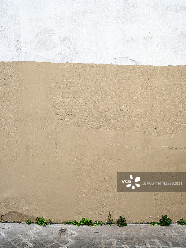 在法国巴黎，杂草丛生的鹅卵石人行道上，空荡荡的棕白色混凝土墙图片素材
