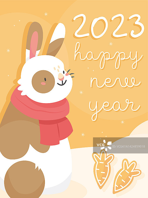 2023年的新年明信片兔子的设计。一张卡片，上面有一只可爱的兔子和卡通风格的姜饼饼干，上面写着新年快乐。矢量插图。图片素材