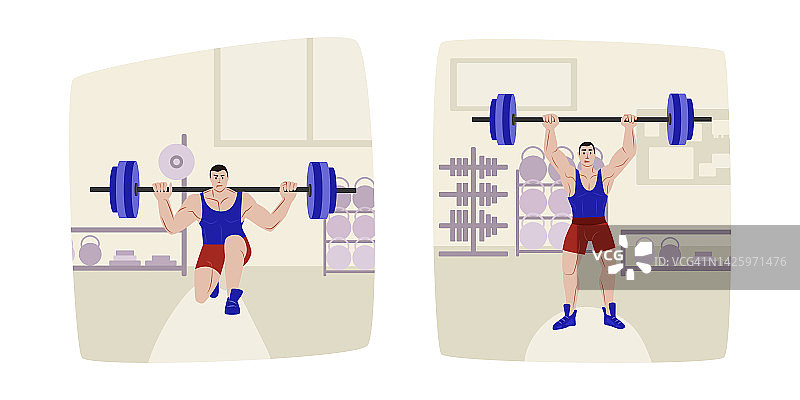 一名男子在健身房的背景下举起杠铃。一组矢量插图。平的插图。用杠铃锻炼。图片素材