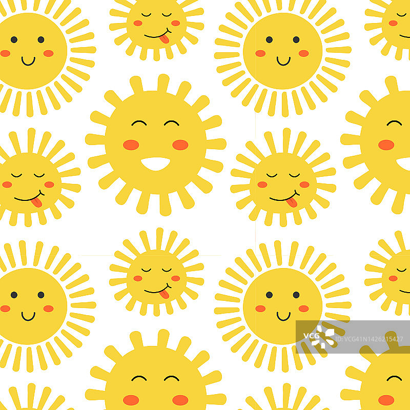 可爱的卡通太阳人物卡哇伊的脸。简单的涂鸦无缝图案，黄色吉祥物孤立在白色背景上。平面手绘图标集。图片素材