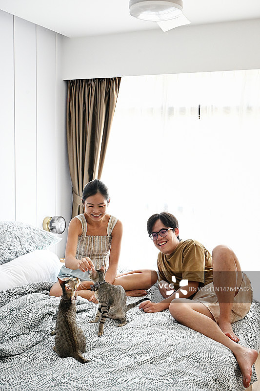 年轻的亚洲夫妇和他们的小猫在床上玩耍图片素材